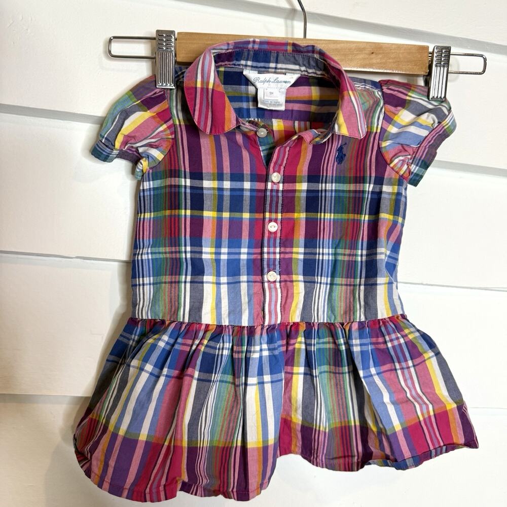Ralph Lauren Plaid Ruffle Cap Sleeve Cotton Dress Baby Girl Button 9M